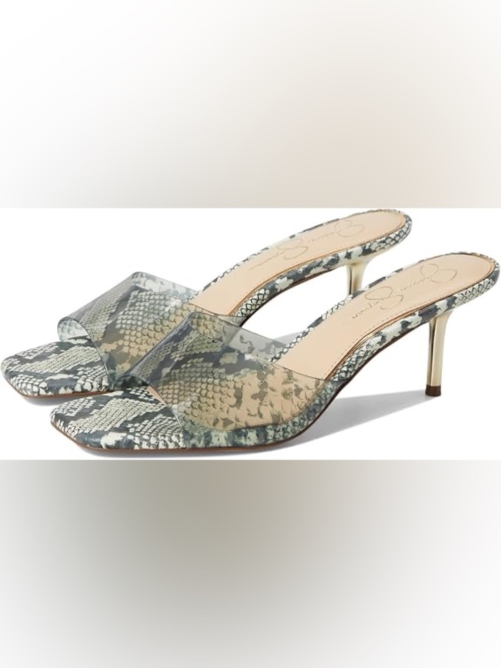 Jessica Simpson Clear-Strap Snake-Print Mule in Grey and Cream Barbiecore